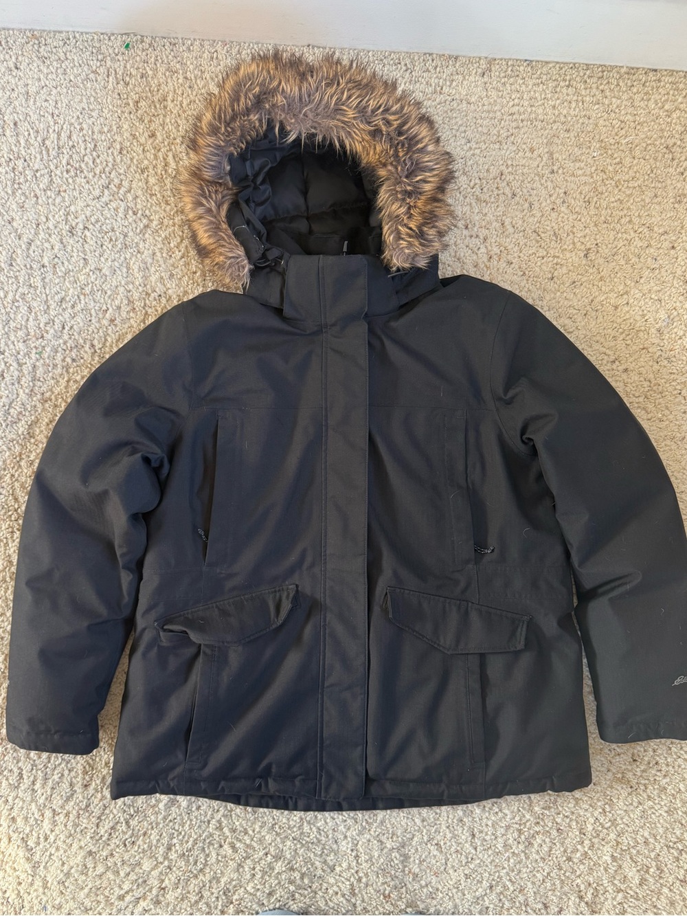 Eddie Bauer Womens Superior Down Parka Jacket Black Faux Fur Hood Size XL